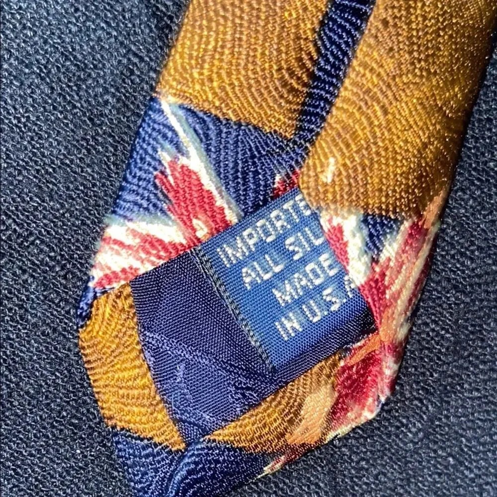 Roundtree & Yorke Blue Bronze Silk Necktie Checkerboard Leaf USA Vintage Fall